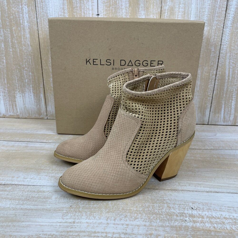 Kelsi Dagger Brooklyn Joy Ankle Boots Nubuck Snake Perforated Sand Suede Sz 8M